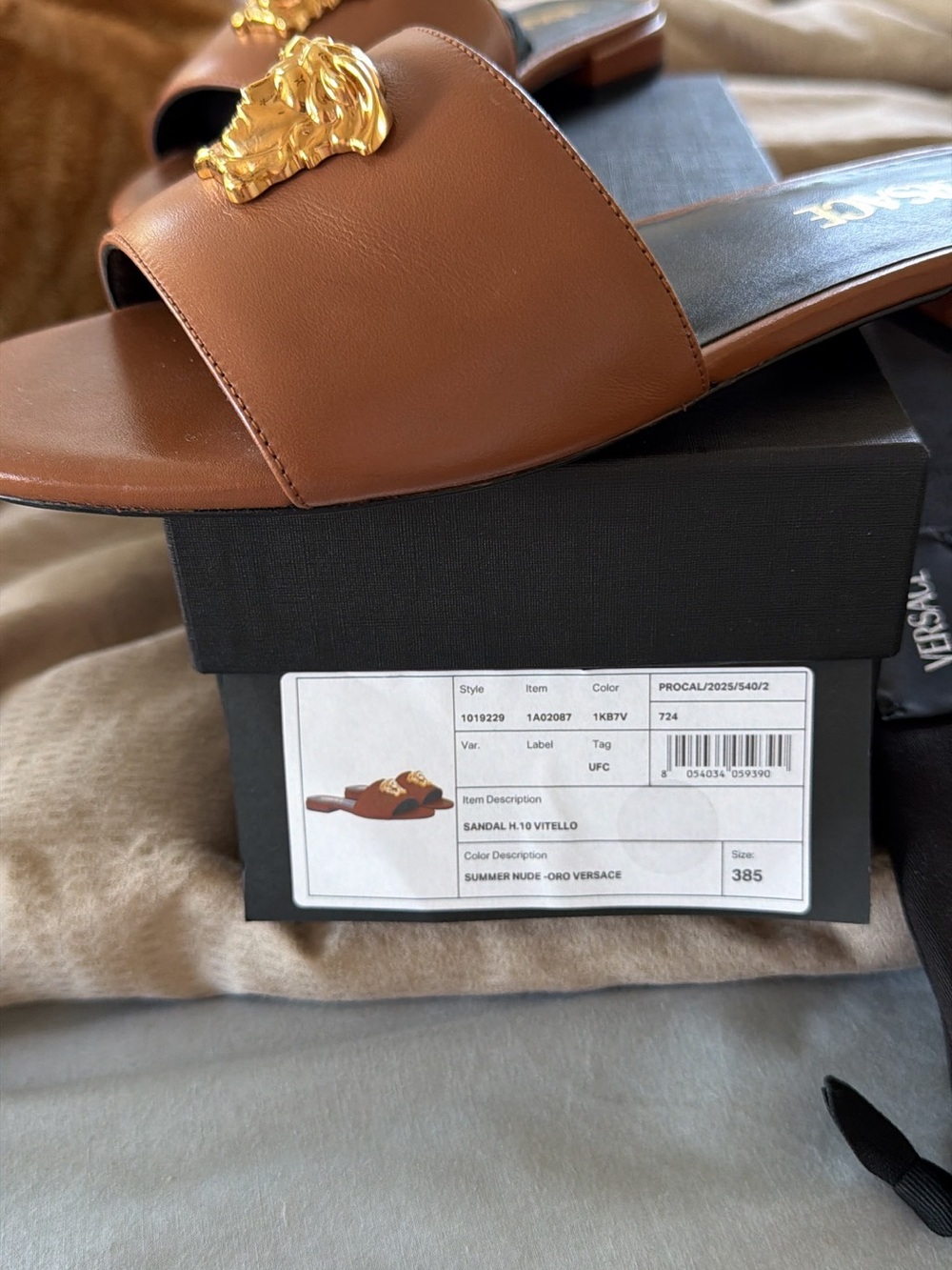 Versace Brown Leather Slide Sandal with Gold Medusa Accent size 38